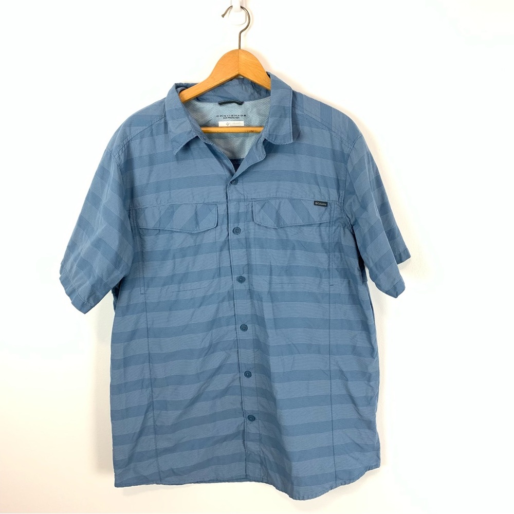 Columbia Omni-Shade Sun Protection Blue Stripes Shirt Short Sleeve Size Large